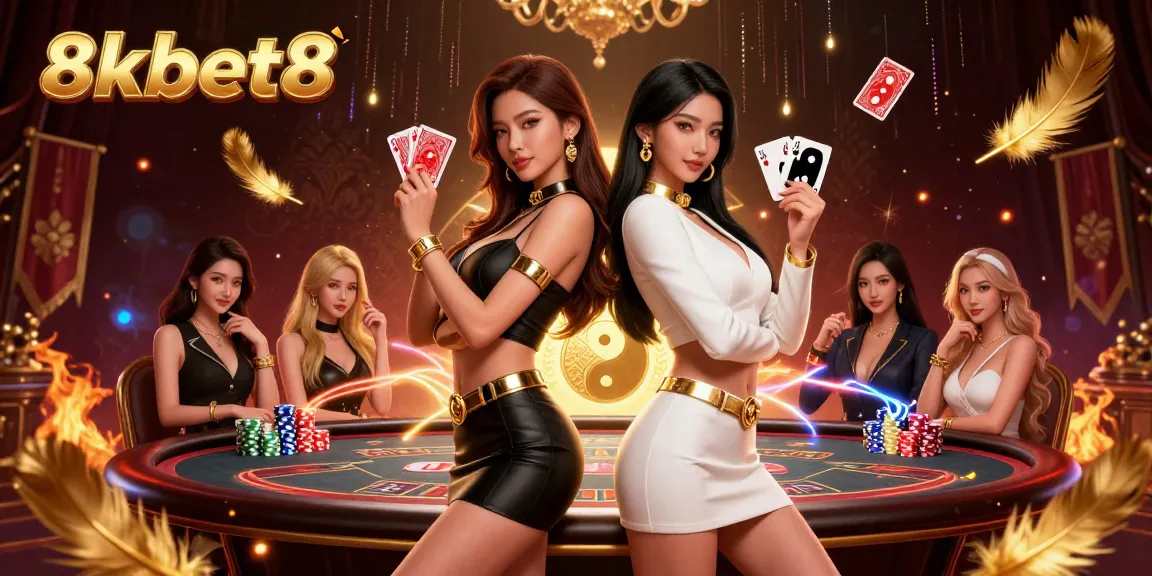 Play cards and win at 8kbet8, featuring two stunning Asian women embodying casino excitement.