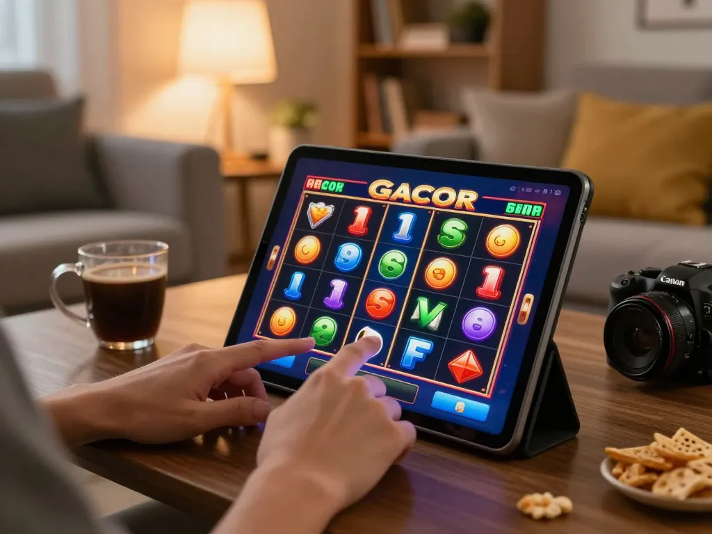 Player enjoying slot gacor on tablet in cozy living room, showcasing excitement and relaxation.