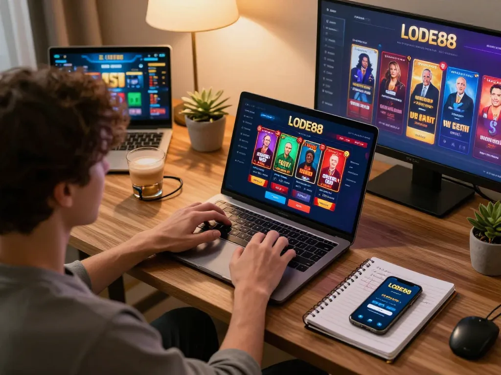 Playing LODE88 online casino games on a laptop in a cozy home workspace filled with gaming strategy notes.