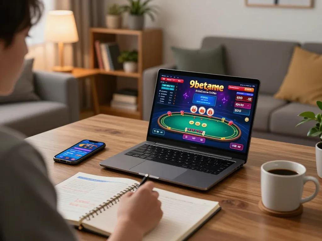 Engaged player using 9betgame for strategic online casino with laptop, coffee, and notes.