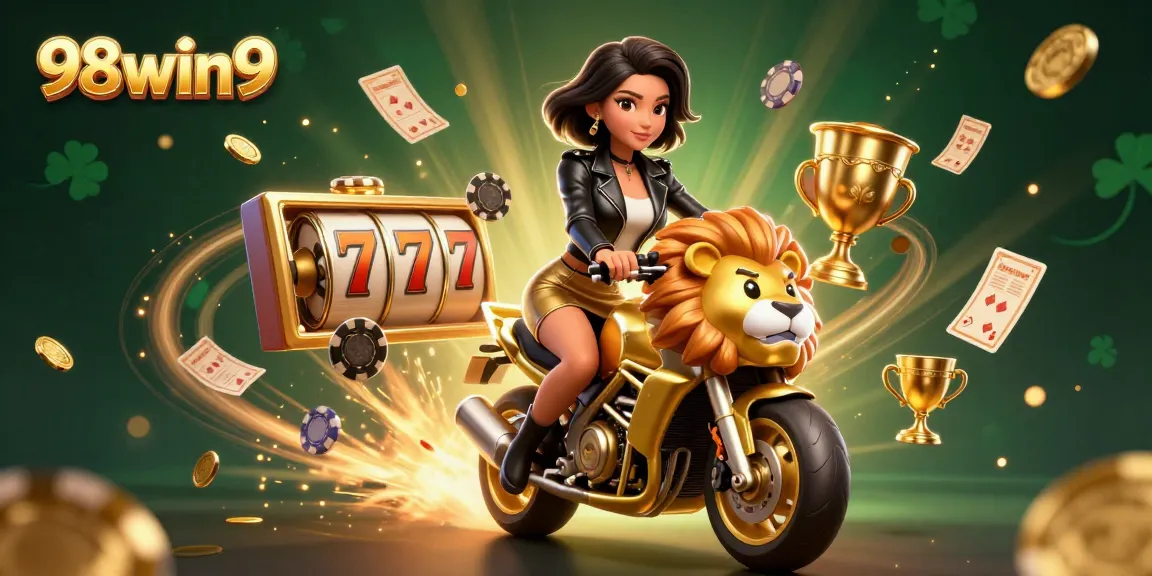 Experience thrilling slots with 98win9, as players ride a golden lion mascot amidst dynamic casino elements.