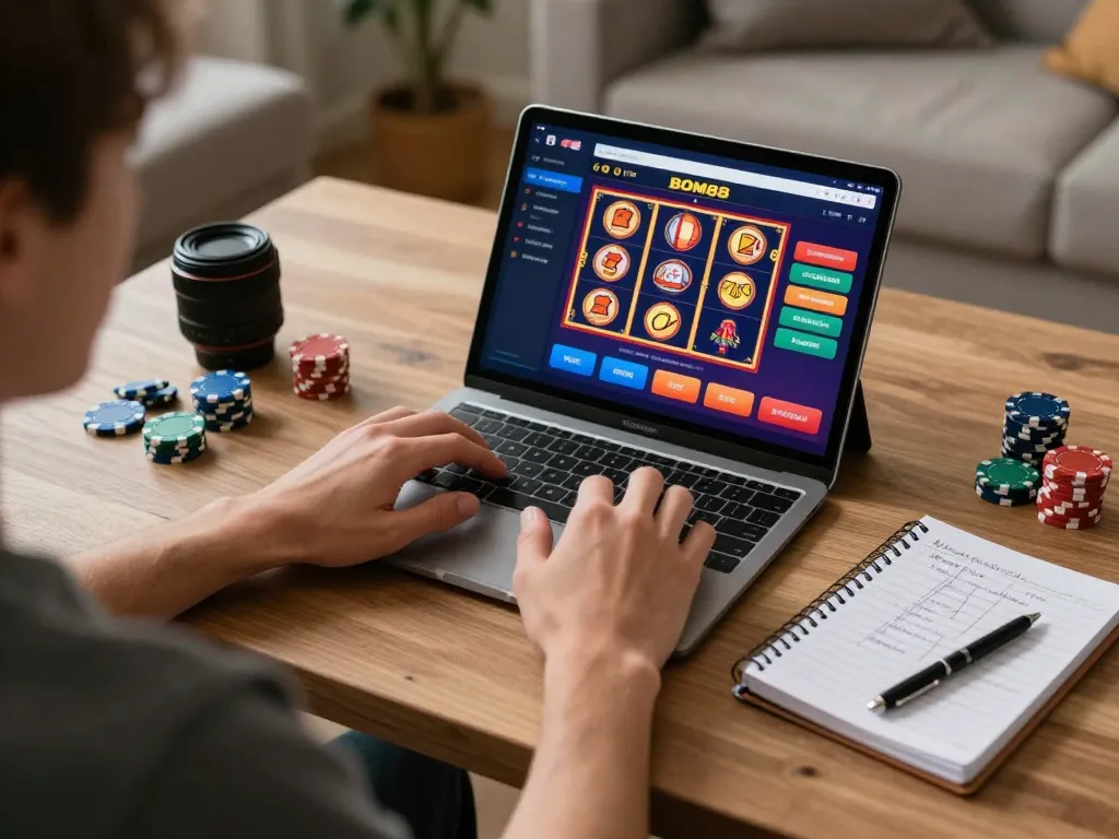 A person engaging with BOM88's online gaming platform on a tablet, showcasing a cozy home gaming setup.