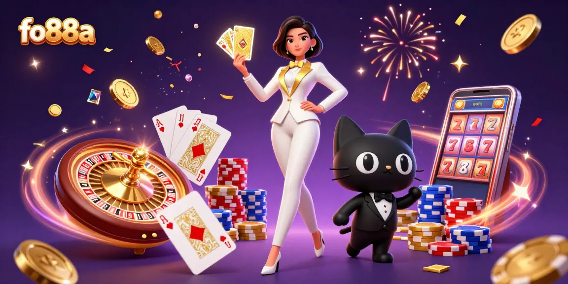 Win big at fo88a with a charming woman and a tuxedo cat showcasing vibrant casino elements.