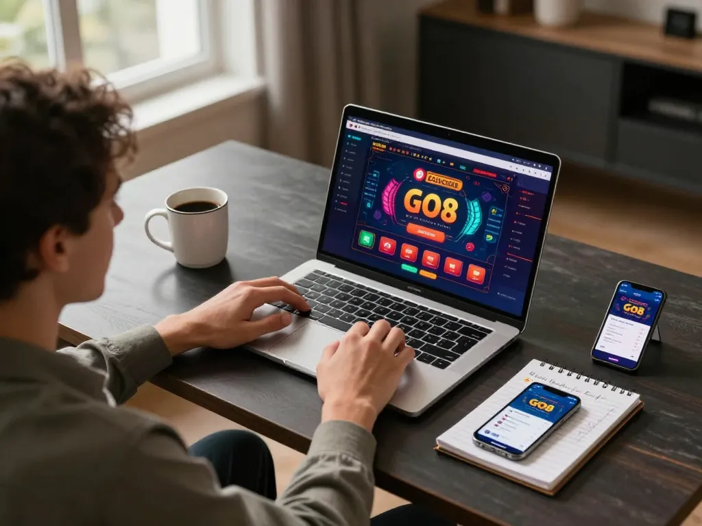 Person playing GO8 online casino game on laptop with coffee and strategy notes nearby