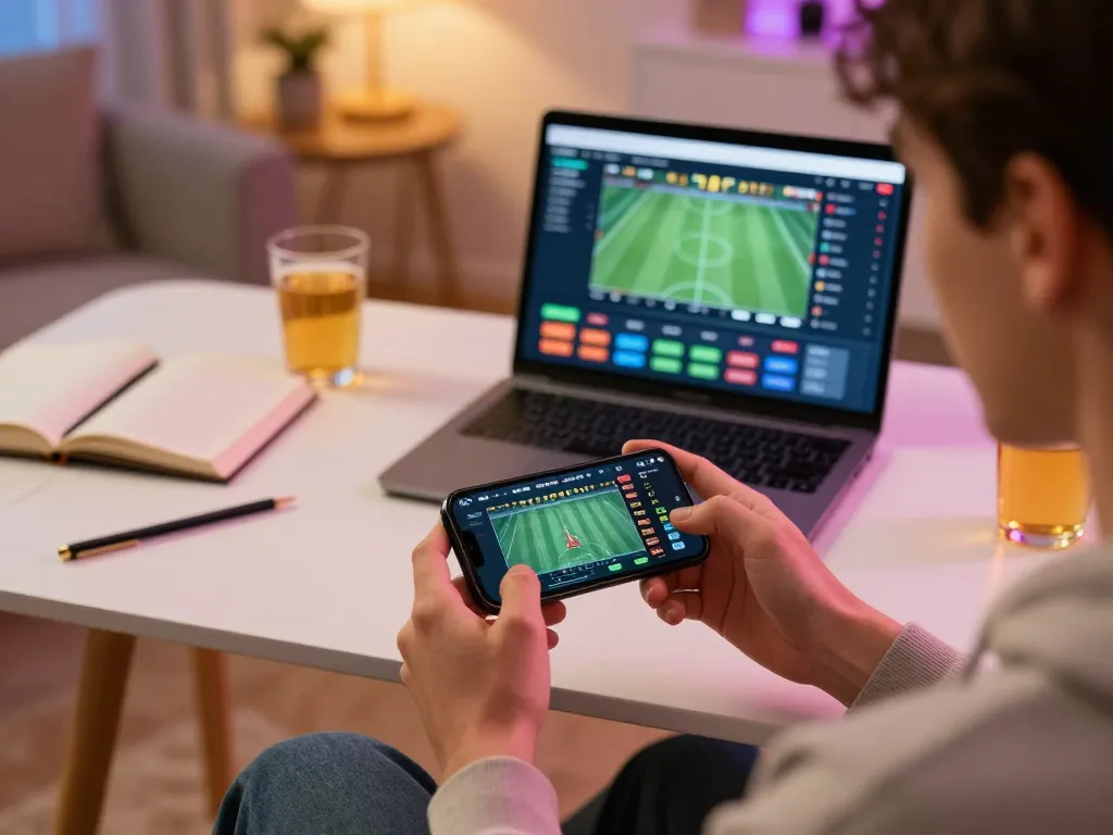 Link đăng ký Lu88 while engaging with a smartphone for sports betting in a cozy setup