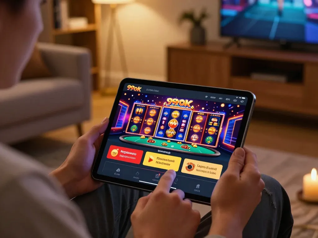 Playing the 99ok casino app on a tablet in a cozy living room setting, focusing on engaging gameplay.