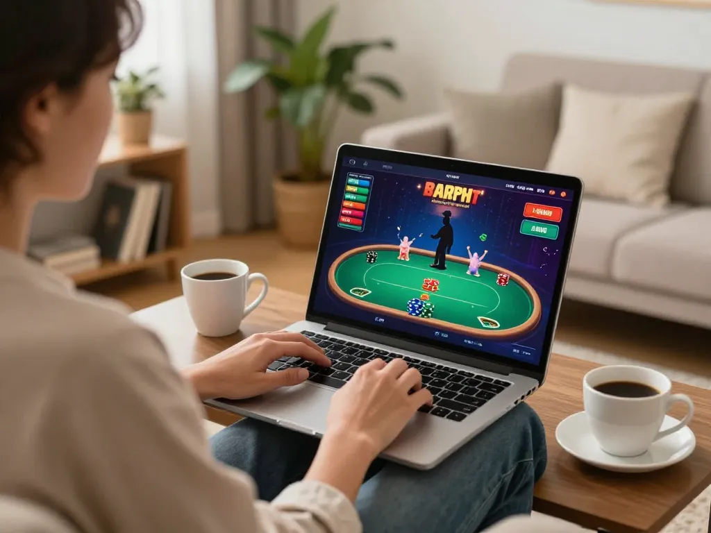 Engaging in online poker and casino games at home via fly88 com platform, immersed in gameplay.