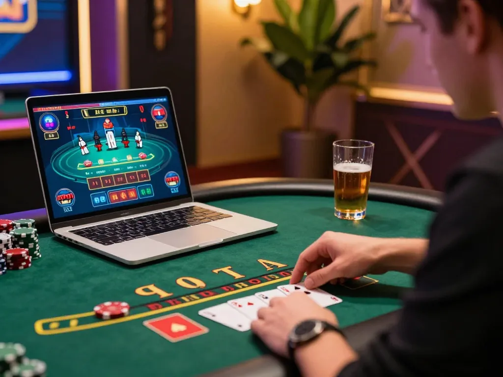 VA88 on display as a player places a strategic bet during live dealer blackjack in a sophisticated setting.