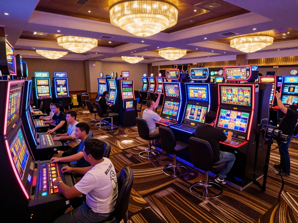 Hitclub players enjoying dynamic gaming experience at a vibrant casino floor.