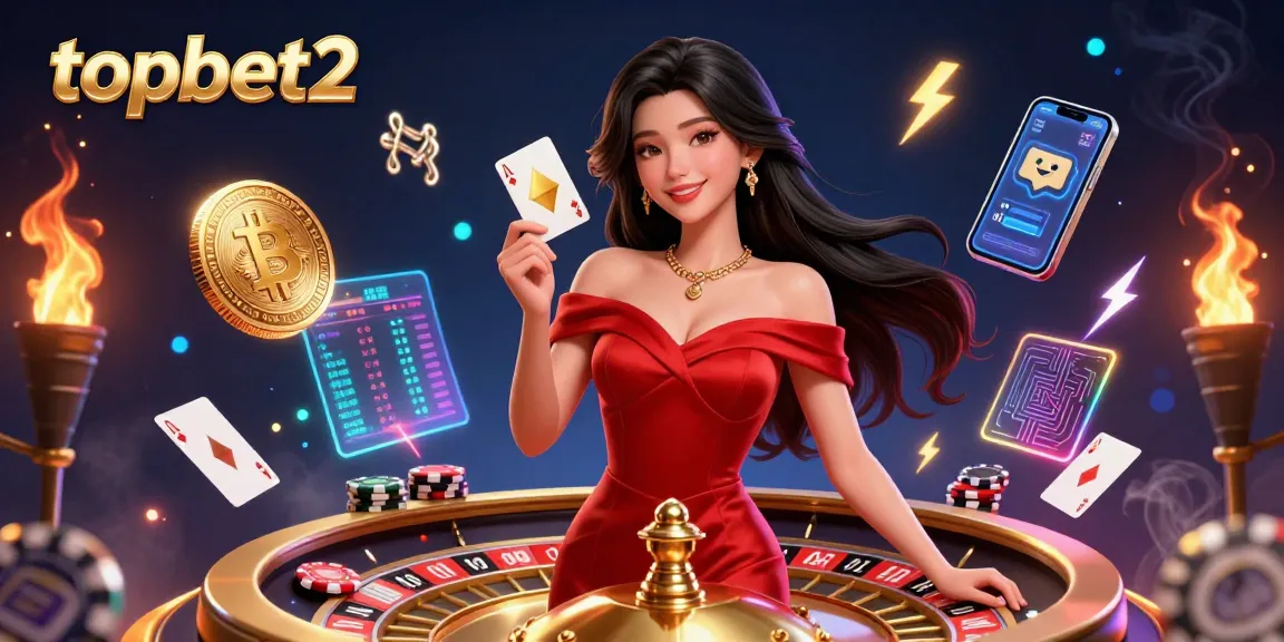 Engage with topbet2's thrilling casino experience featuring vibrant gaming elements and a confident dealer.