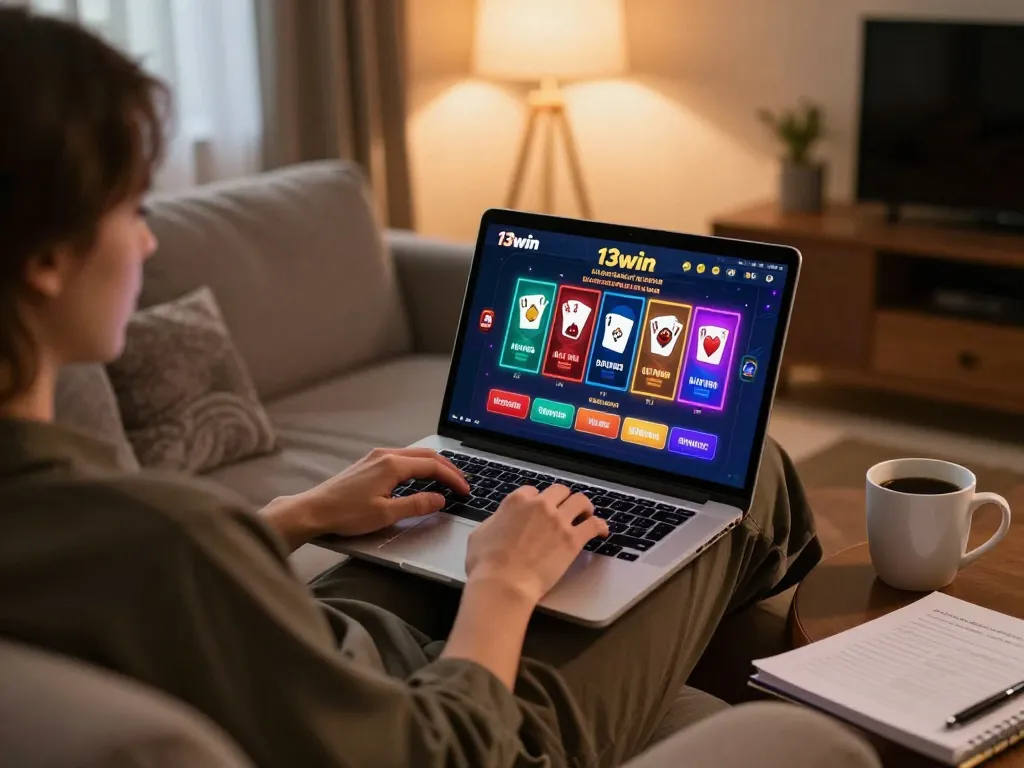 Playing on the 13win platform from a cozy living room setup, showcasing online gambling.