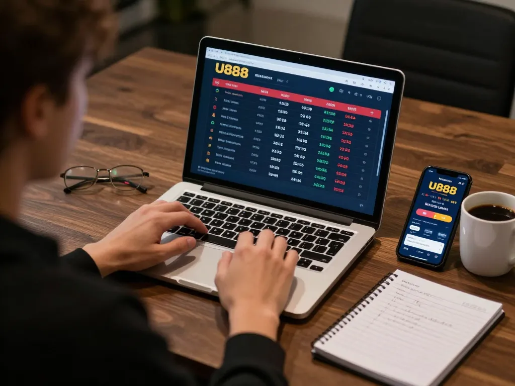Person engaging with U888 sports betting interface, demonstrating strategic betting decisions and live odds analysis.
