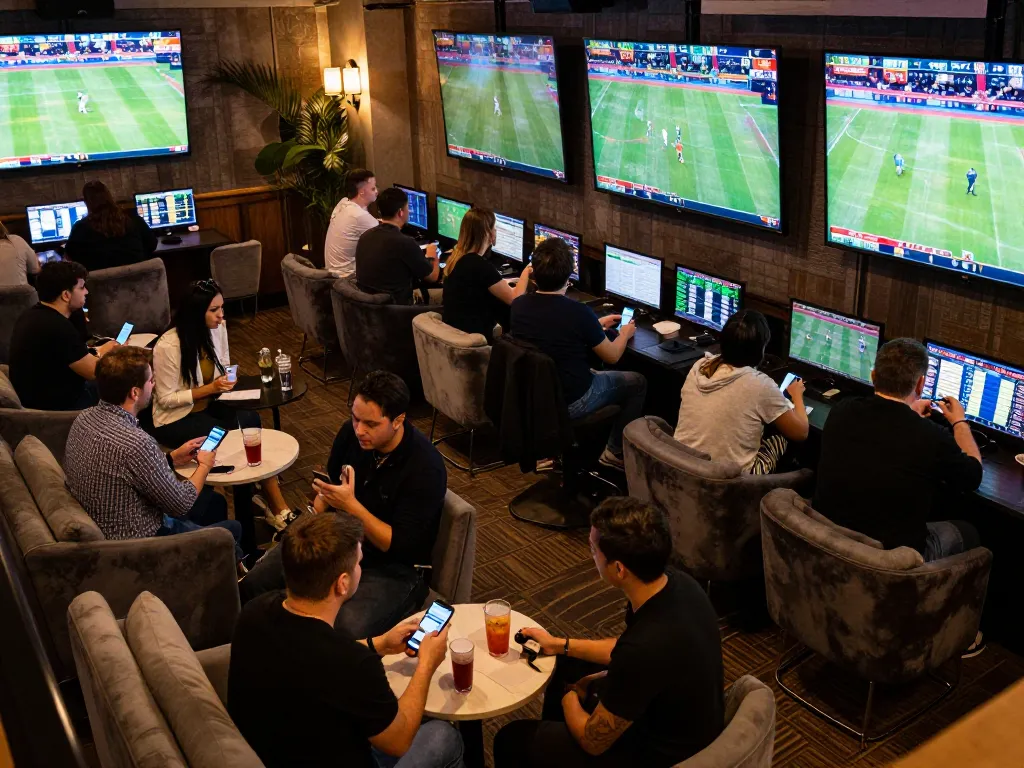 Excited bettors engaging in keo nha cai sports betting analysis on multiple screens.