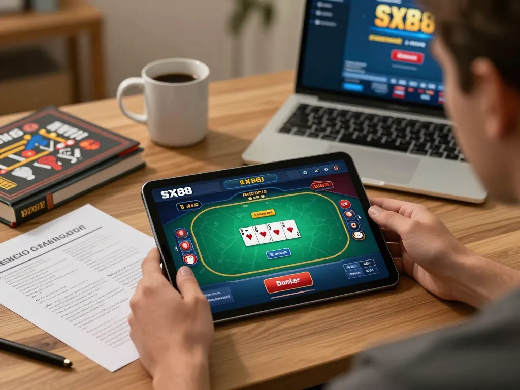 SX88 gaming enthusiast placing bets on a vibrant poker game interface from their cozy home office.