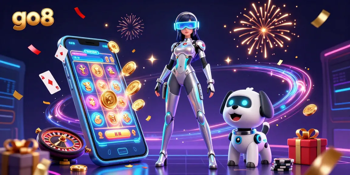 Experience the excitement of go8 with a stunning casino scene featuring colorful slot games, dynamic characters, and festive elements.