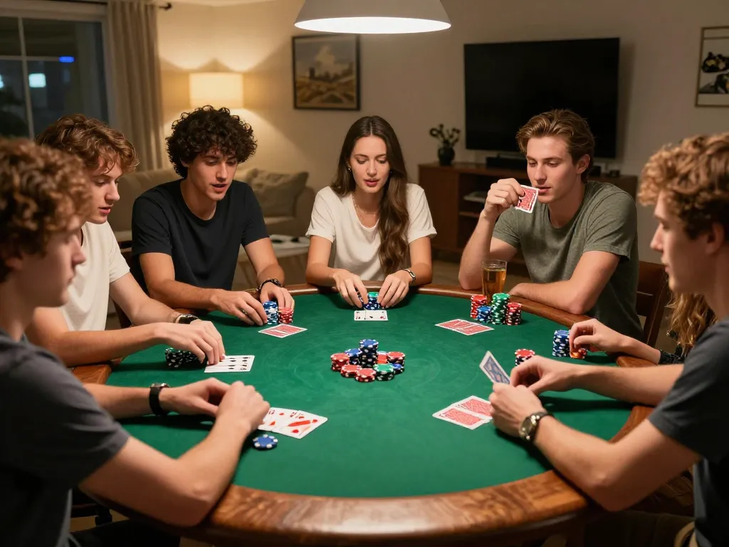 Friends enjoying a strategic poker night at home with ALO8 poker chips and cards visible