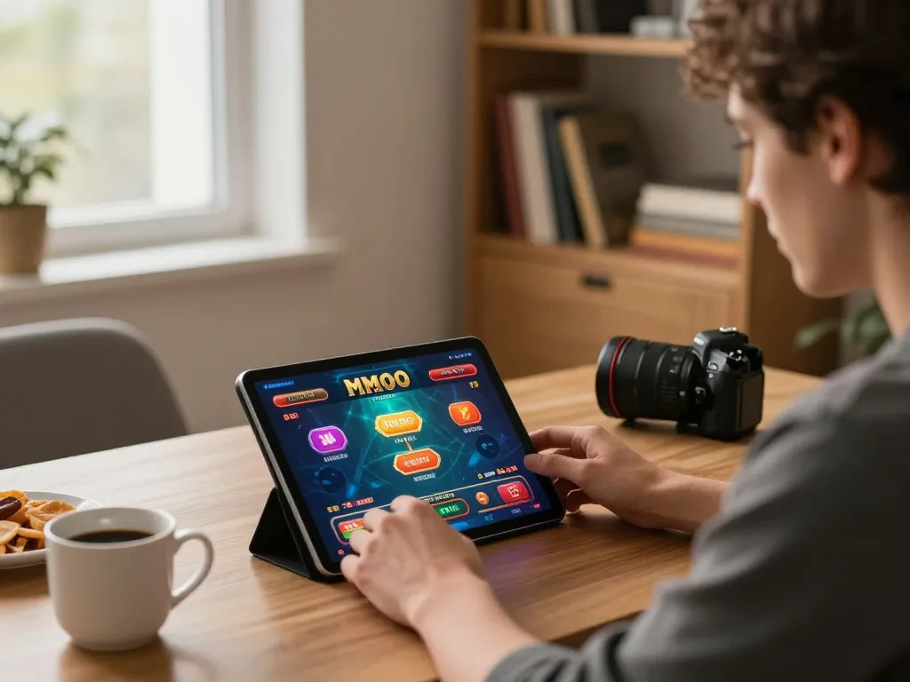 Person enjoying engaging gameplay on MMOO mobile app in a stylish home setting.