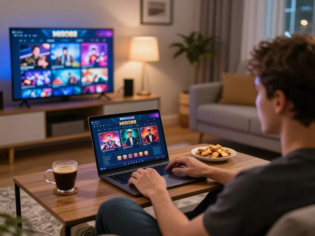 MISO88 user engaging with online slot games in a cozy living room setting.