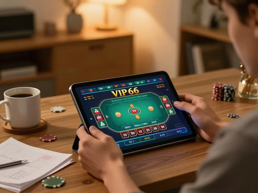 Engaging player strategizing during a VIP66 online poker game on a tablet at home