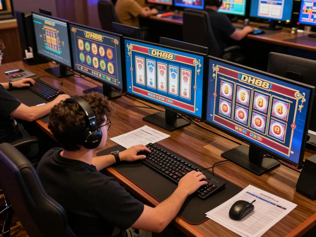Player engaging with DH88 casino games on multiple screens, highlighting online gambling strategy and excitement.