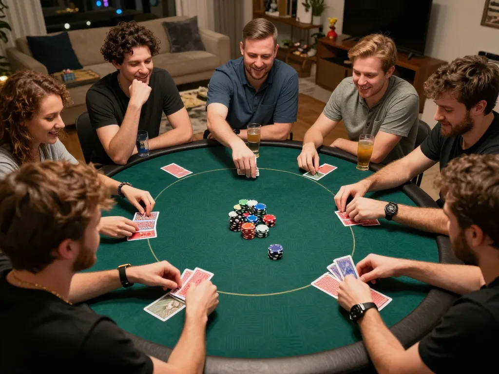 Friends enjoying a competitive poker game while using bom88 for strategy insights and bankroll management