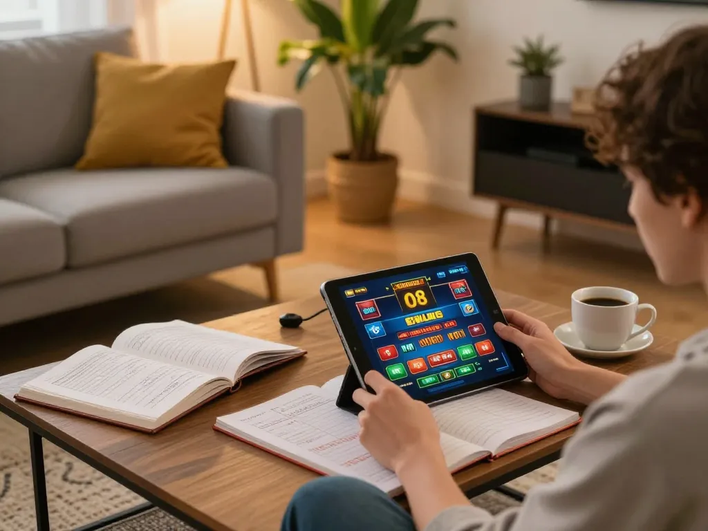 Engaged player exploring O8 online gaming on tablet in a cozy living room.
