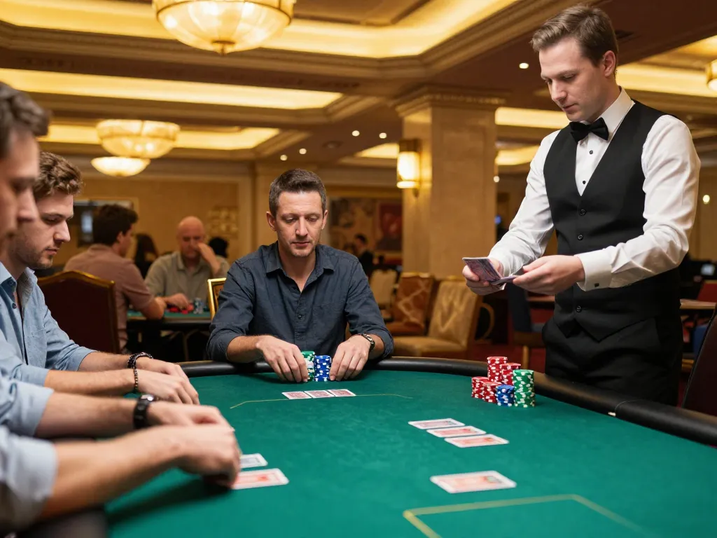 Experience intense poker gameplay action at say88 casino featuring competitive players and dealer.