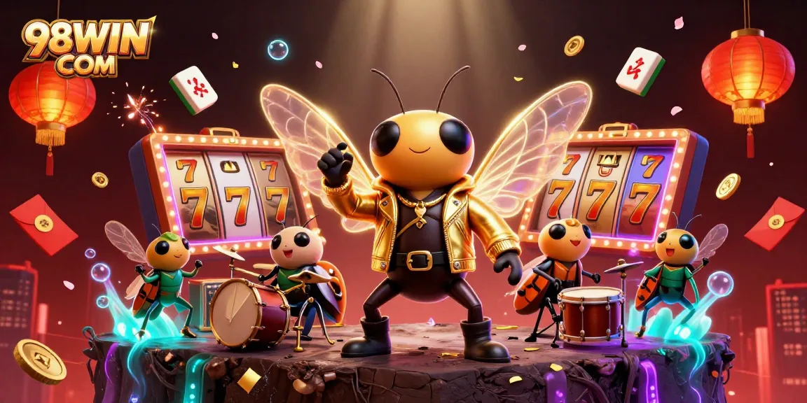 Experience the excitement of 98WIN COM with a vibrant rock star casino scene featuring spinning slot reels and winning symbols.