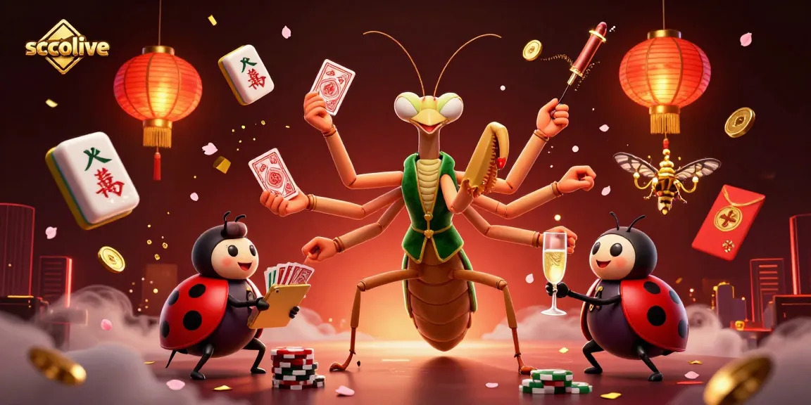 Socolive showcases a vibrant scene with a giant praying mantis card sharp, offering a dynamic gambling experience.