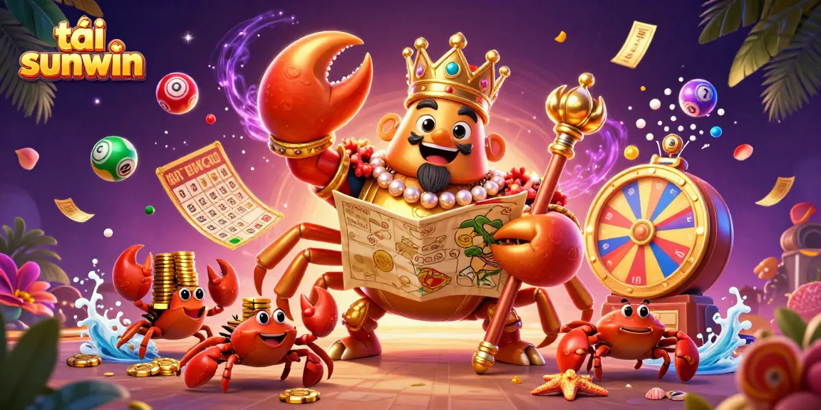 Play and win with tải sunwin in this vibrant casino-themed illustration featuring a golden crab and lively game elements.