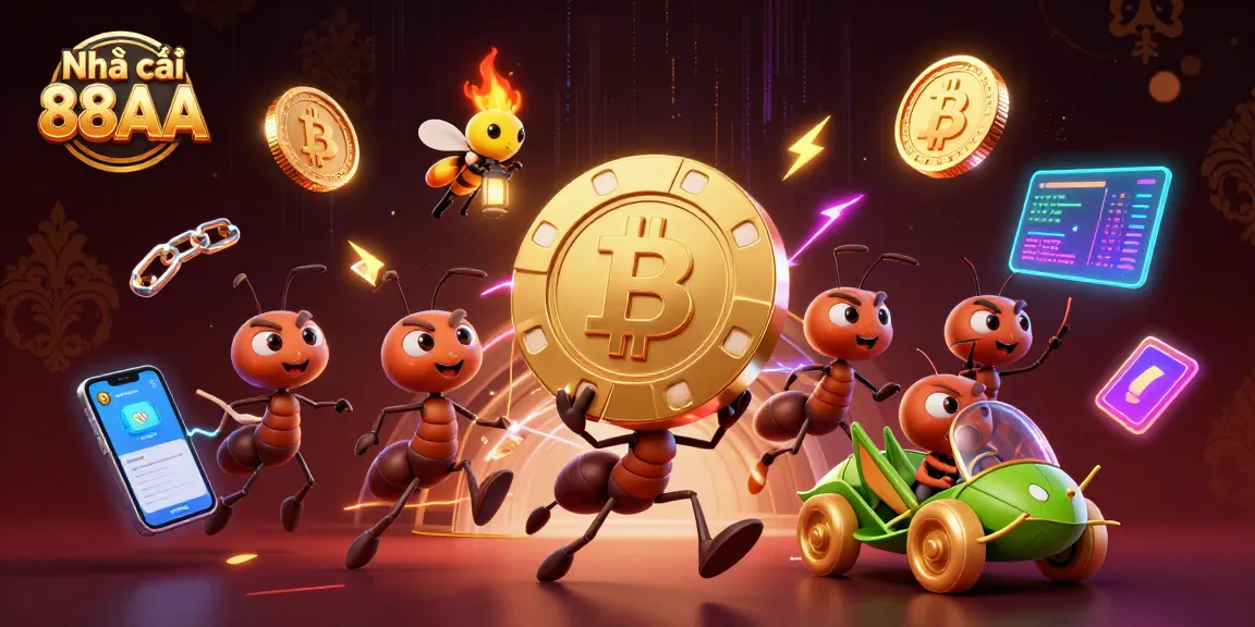 Experience the excitement of Nhà cái 88AA with cartoon ants heisting a giant poker chip amidst crypto coins.
