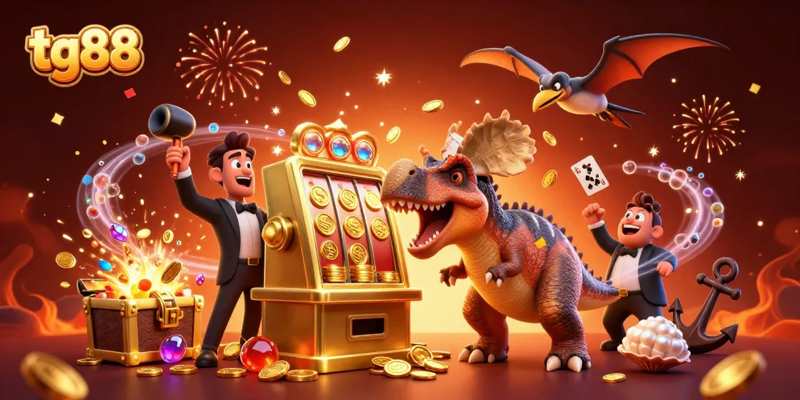 Catch tg88 jackpots in this vibrant casino-themed illustration with dynamic characters and rich details.