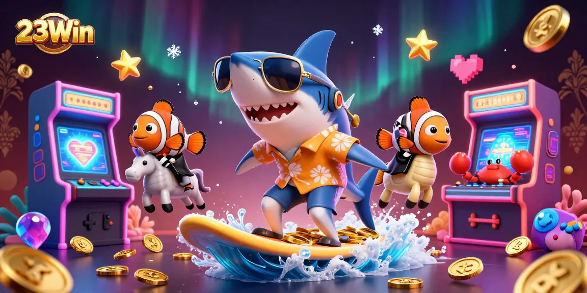 Experience the excitement of 23Win with a lively 3D illustration of gaming and entertainment.