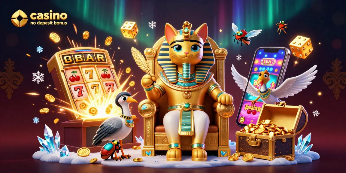 Engage with casino no deposit bonus in this vibrant 3D scene of a pharaoh cat amidst jackpot chaos.