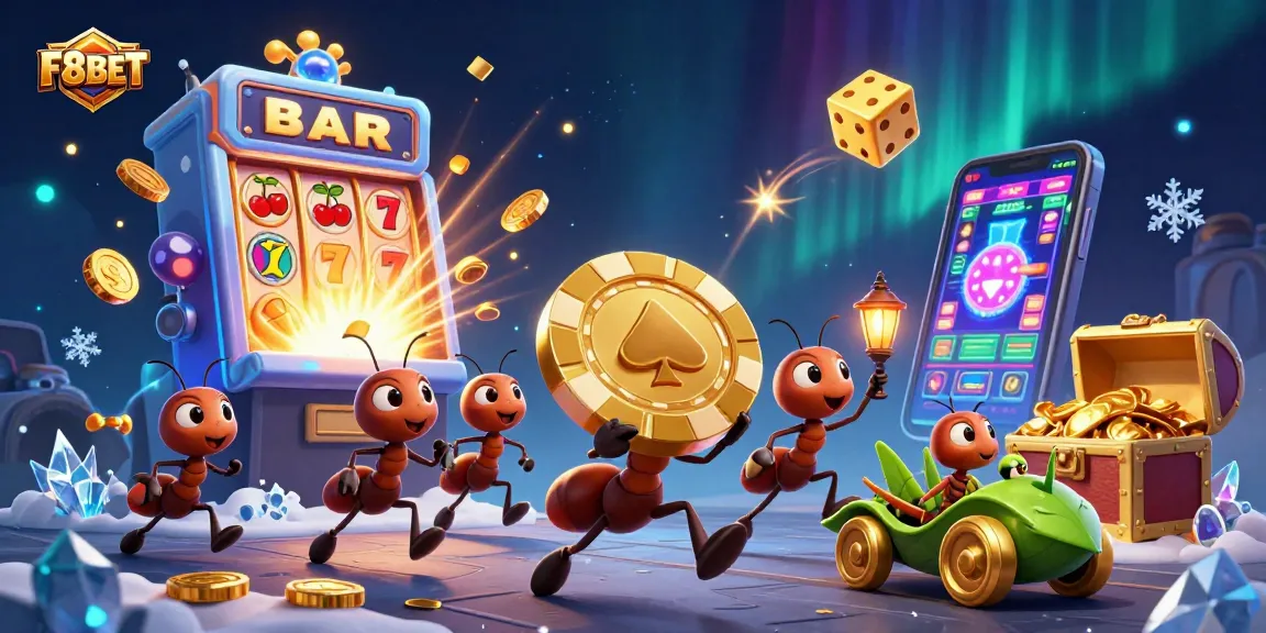 Engage in thrilling gaming with F8BET's 3D cartoon scene of ants carrying a giant poker chip.